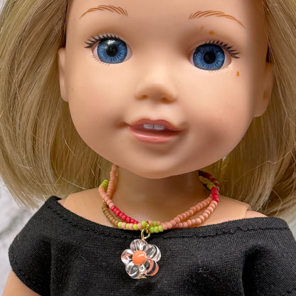 Clear Flower Charm Pink Green Coral Brown Beaded Doll Necklace • 14 Inch Fashion Doll Jewelry