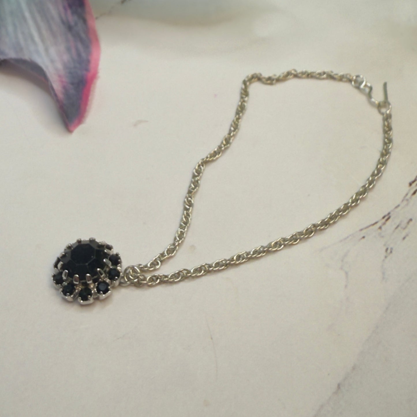 Black Rhinestone Round Flower Pendant Silver Chain Doll Necklace • 18 Inch Fashion Doll Jewelry