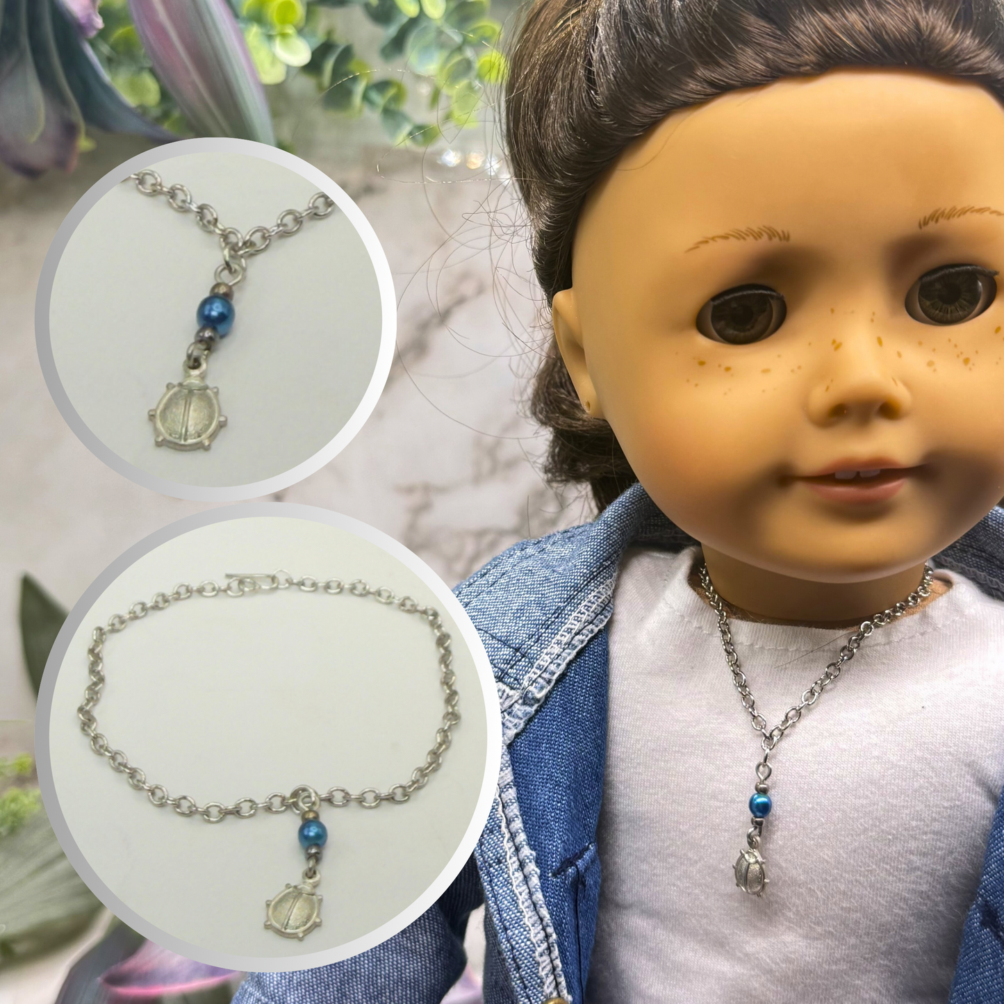 Silver Lady Bug Blue Pearl Charm Doll Necklace • 18 Inch Fashion Doll Jewelry