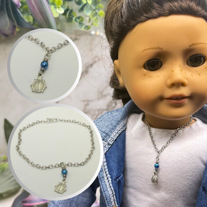Silver Lady Bug Blue Pearl Charm Doll Necklace • 18 Inch Fashion Doll Jewelry