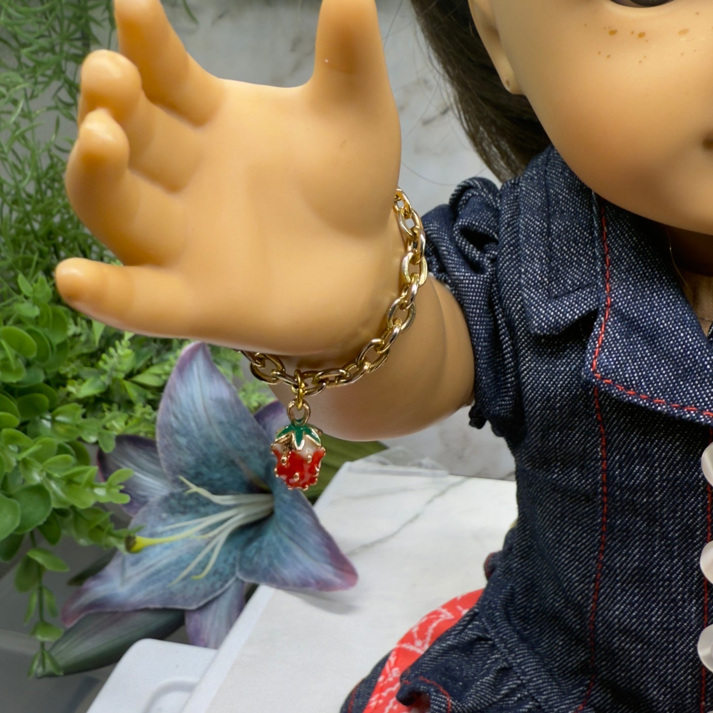 Strawberry Charm Gold Chain Doll Bracelet • 18 Inch Fashion Doll Jewelry