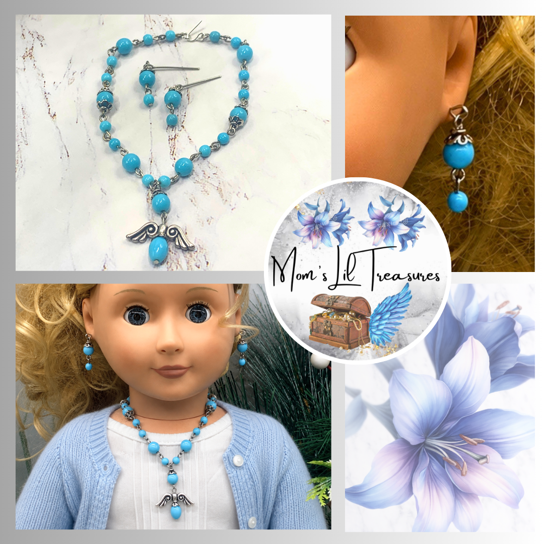 Blue Glass Bead Silver Angel Wings Pendant Necklace Earring Set • 18” Doll Jewelry