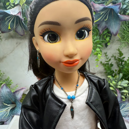 Turquoise Blue Silver Feather Dangle Charm Doll Necklace & Earrings • 18 Inch Fashion Doll Jewelry