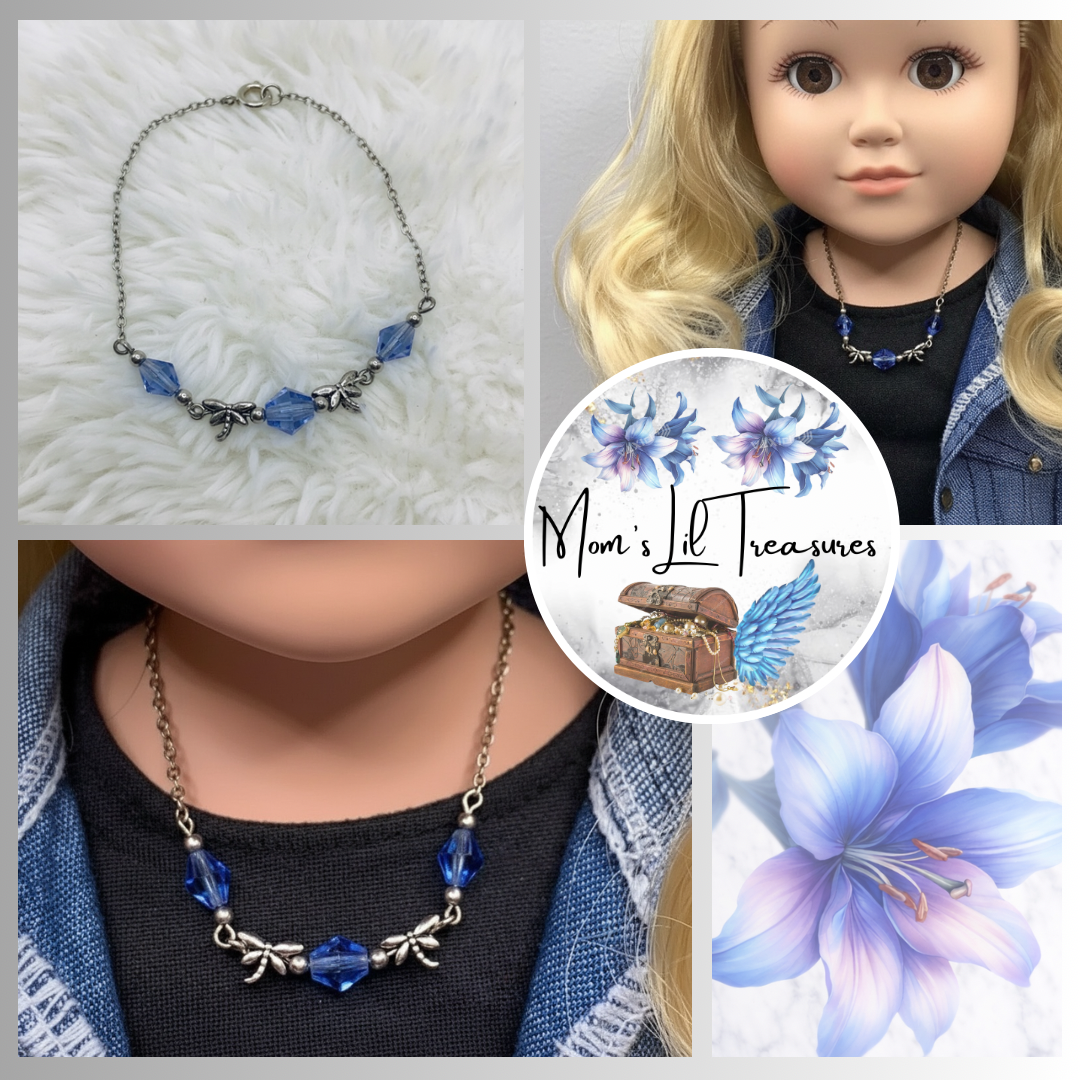 Silver Dragonfly Charms Blue Glass Crystal Doll Necklace • 18 inch Fashion Doll Jewelry