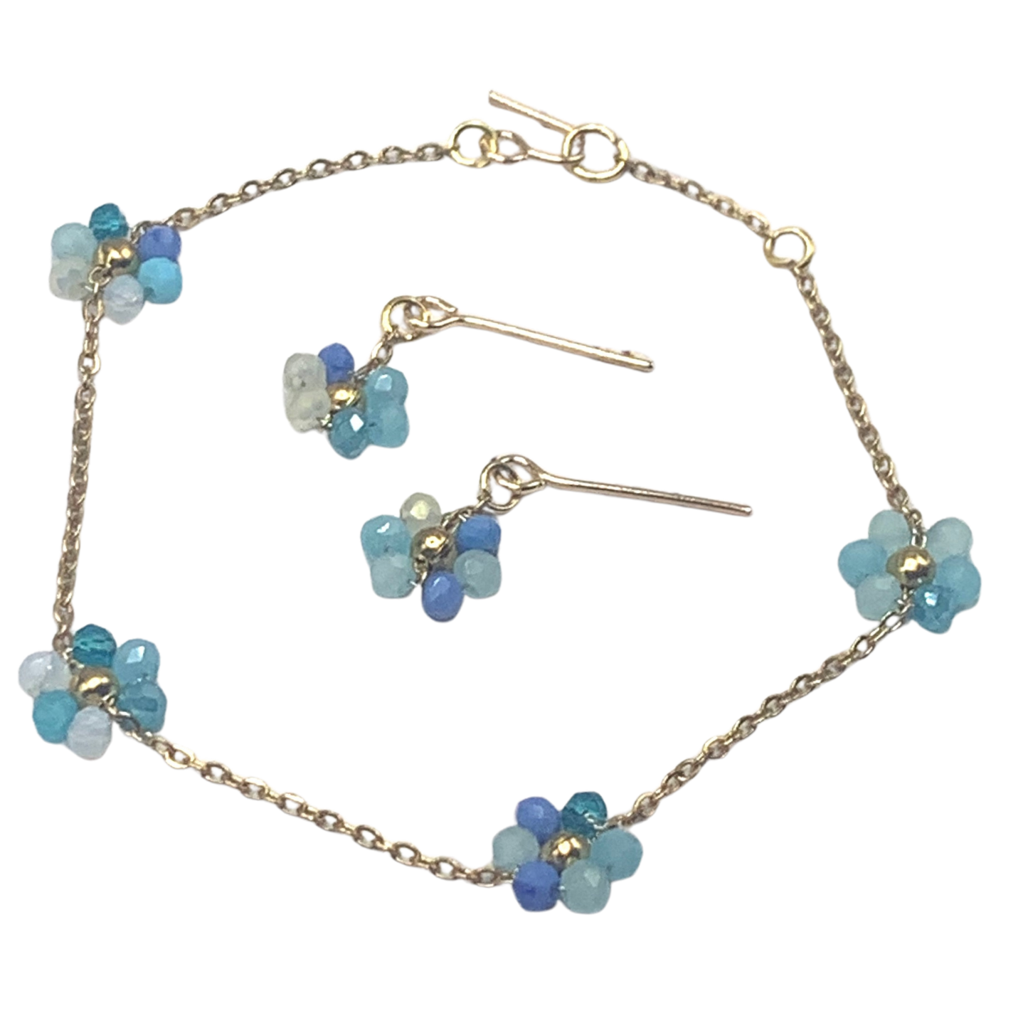 Blue Glass Flower Design Gold Chain Necklace Earrings Set • 18” Doll Jewelry