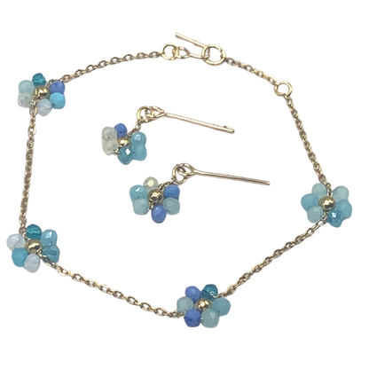 Blue Glass Flower Design Gold Chain Necklace Earrings Set • 18” Doll Jewelry