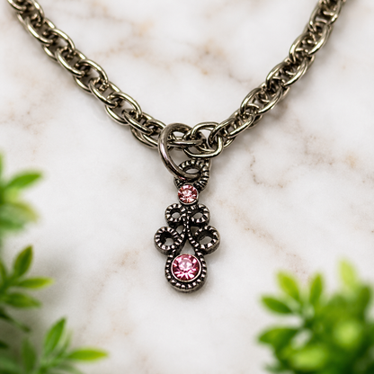 Pink Rhinestone Gun Metal Design Doll Necklace Earring Set • 18” Doll Jewelry