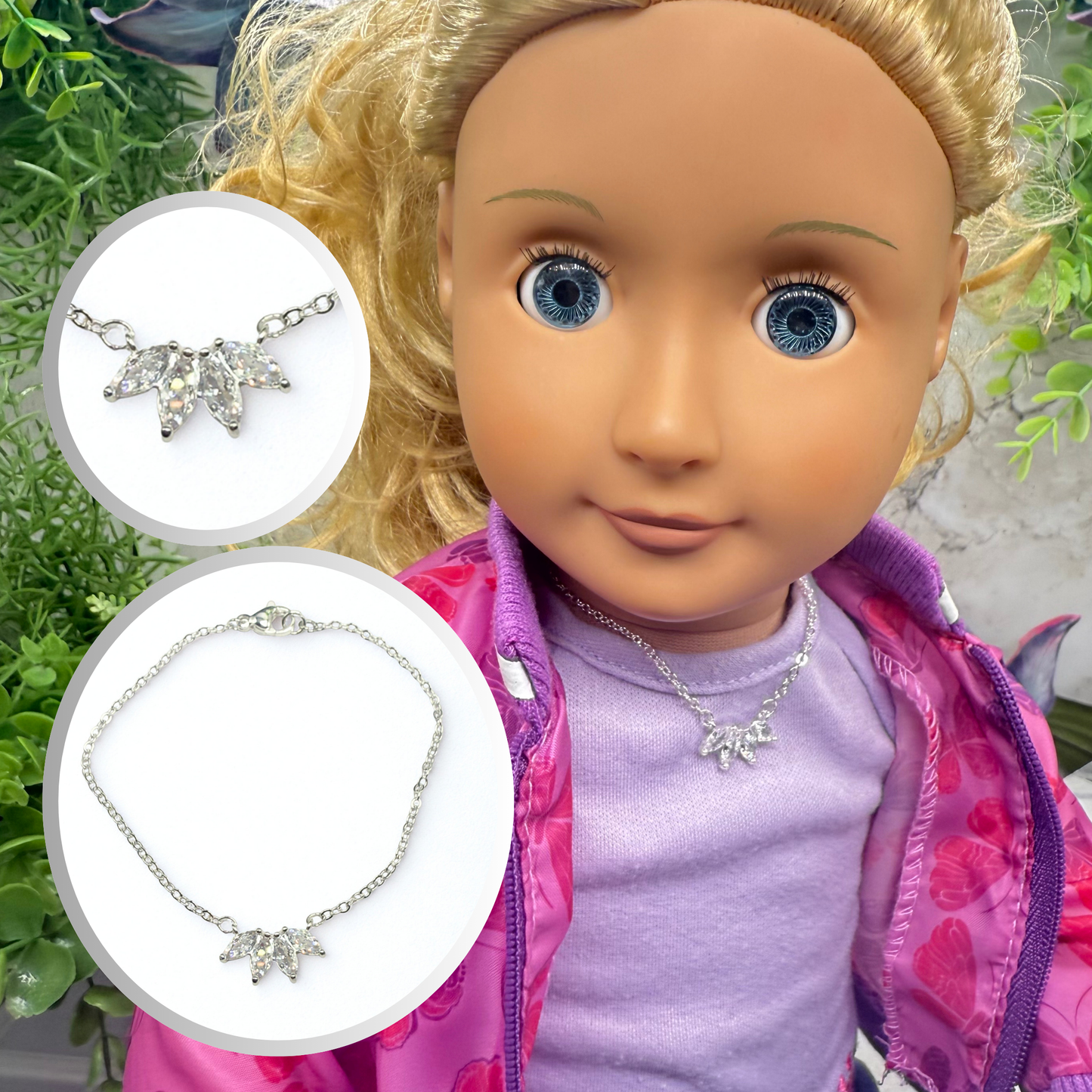 Clear Crystal Rhinestone Petals Shape Pendant Silver Doll Necklace • 18 Inch Fashion Doll Jewelry