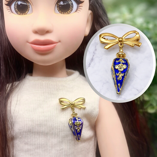 Blue Cloisonné Gold Design Teardrop Dangle Pendant Bow Shaped Pin • Doll Brooch