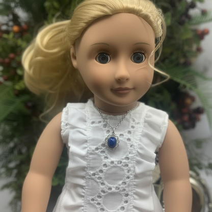 Oval Dark Blue Silver Filigree Pendant Doll Necklace • 18” Fashion Doll Jewelry
