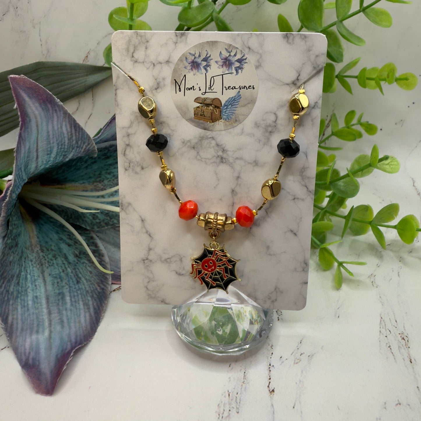 Black Red Spider Web Halloween Charm Beaded Gold Chain Doll Necklace • 18 Inch Fashion Doll Jewelry