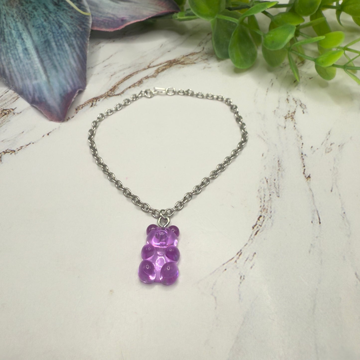 Translucent Purple Gummy Teddy Bear Charm Doll Necklace • 18 Inch Fashion Doll Jewelry