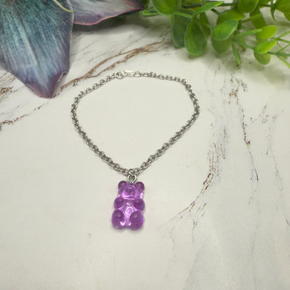 Translucent Purple Gummy Teddy Bear Charm Doll Necklace • 18 Inch Fashion Doll Jewelry