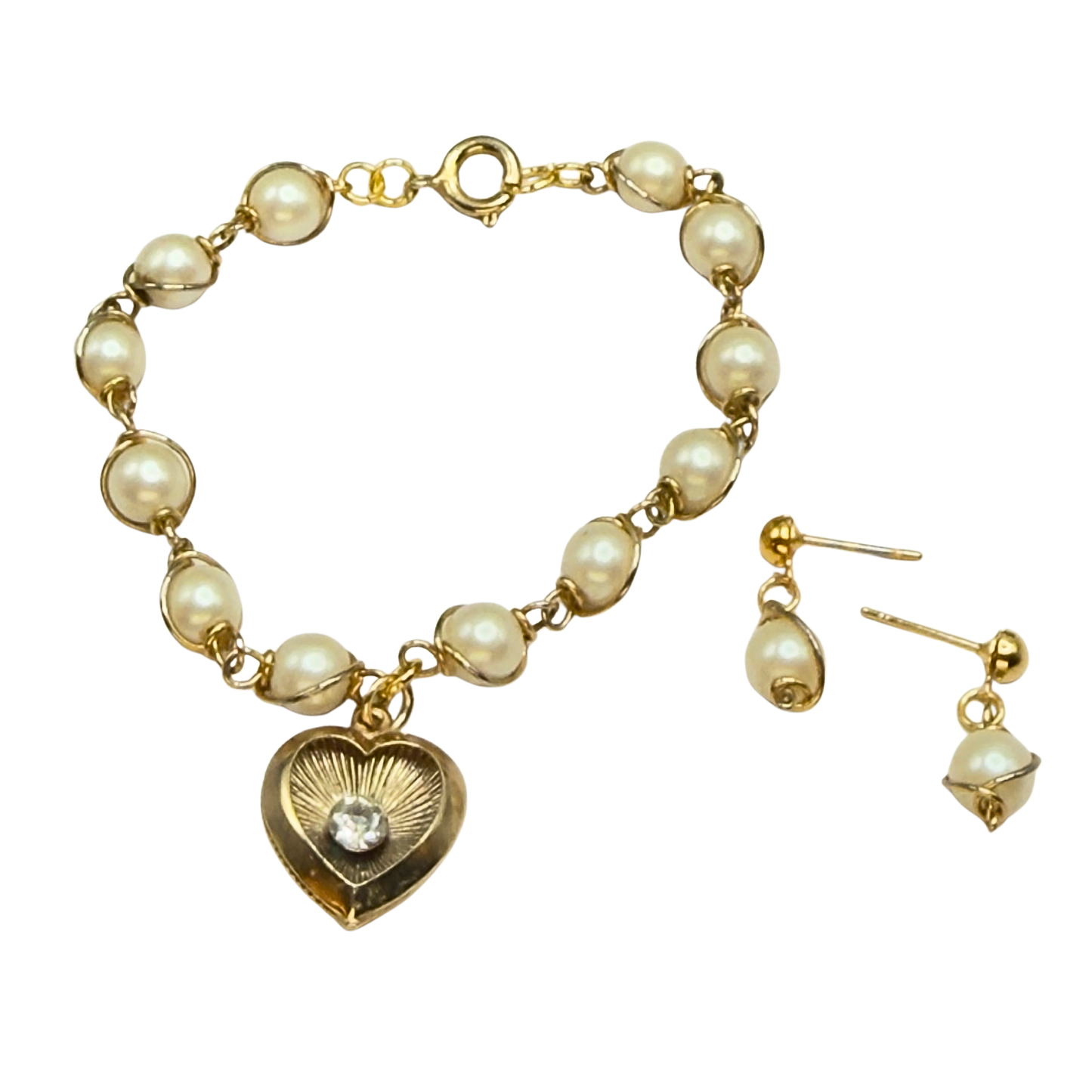 Gold Heart Rhinestone Accent Charm Pearl Link Doll Necklace & Earrings • 18 Inch Fashion Doll Jewelry