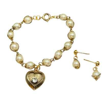 Gold Heart Rhinestone Accent Charm Pearl Link Doll Necklace & Earrings • 18 Inch Fashion Doll Jewelry