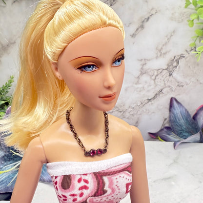 Dark Pink Red Rhinestone Bronze Copper Tone Chain Doll Necklace • 16 Inch Fashion Doll Jewelry