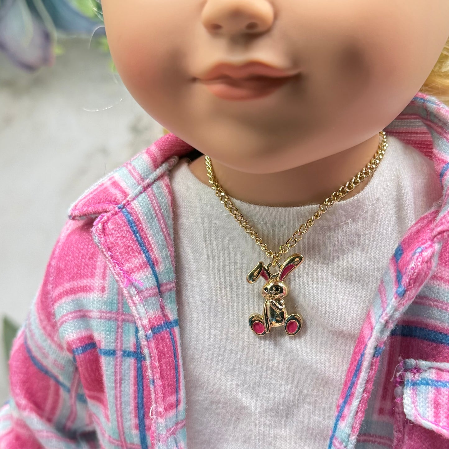 Bright Pink Accent Floppy Ear Bunny Charm Gold Doll Necklace • 18 Inch Fashion Doll Jewelry