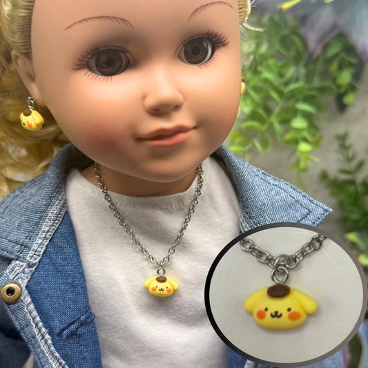 Pompompurin Sanrio Dog Charm Doll Necklace & Earrings Set • 18 Inch Fashion Doll Jewelry