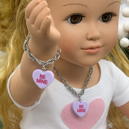 Purple Heart Charm Silver Necklace Bracelet Set • 18 inch Fashion Doll Jewelry