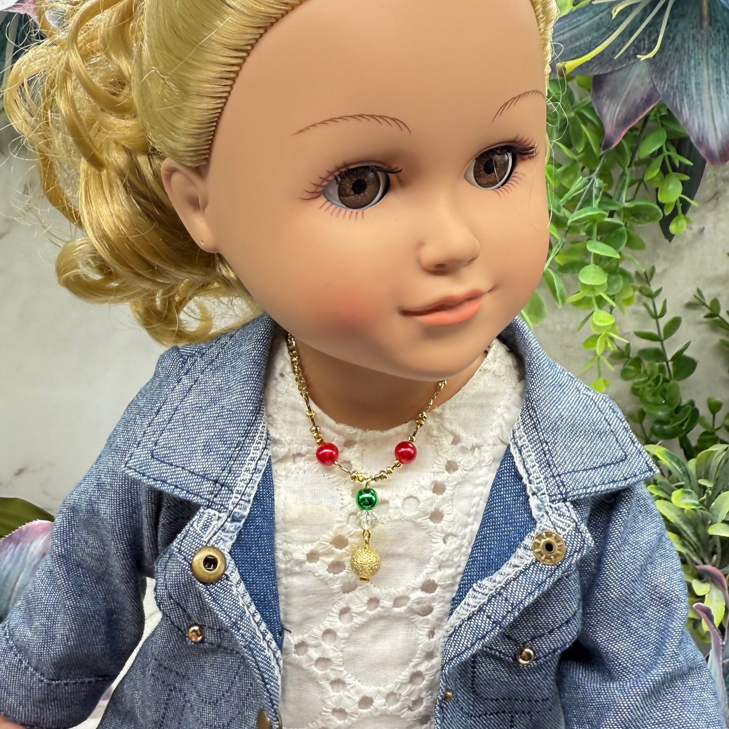 Red Green Christmas Pearl Bead Gold Chain Doll Necklace • 18 Inch Fashion Doll Jewelry