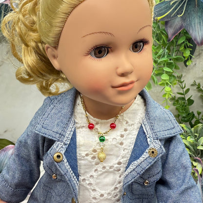 Red Green Christmas Pearl Bead Gold Chain Doll Necklace • 18 Inch Fashion Doll Jewelry