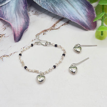 Black & Pearl Beaded Silver Heart Charm Doll Necklace & Earrings • 14 Inch Fashion Doll Jewelry