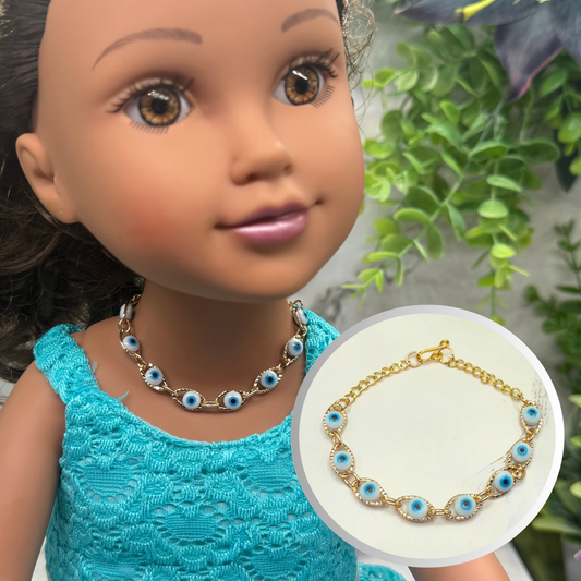 Blue Evil Eye Good Luck Gold Link Doll Necklace • 18 Inch Fashion Doll Jewelry
