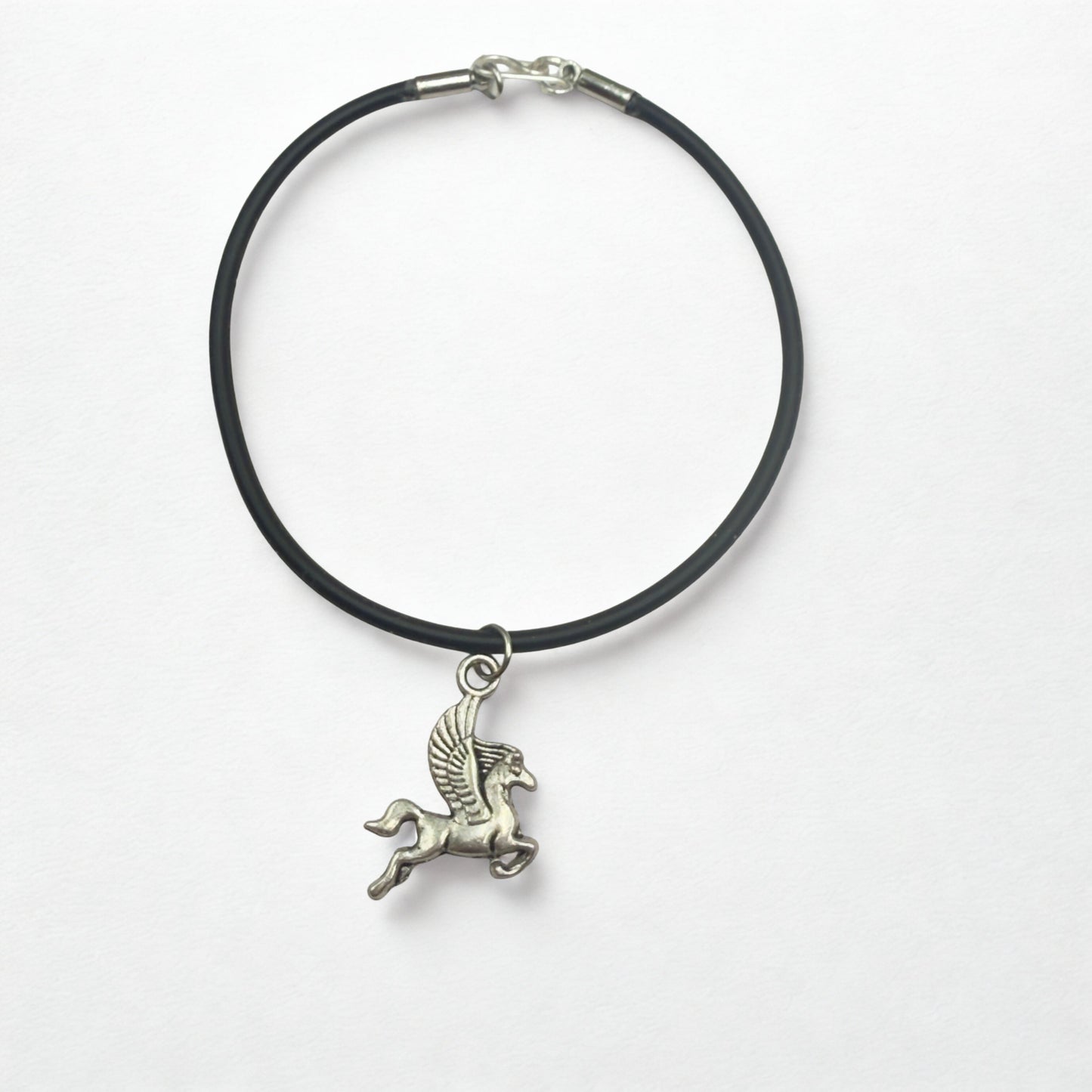 Silver Pegasus Charm Black Silicone Cord Necklace • 18 Inch Fashion Doll Jewelry