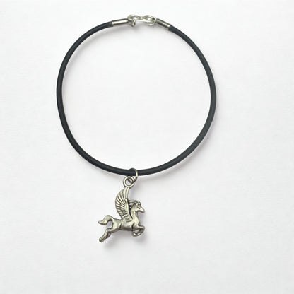 Silver Pegasus Charm Black Silicone Cord Necklace • 18 Inch Fashion Doll Jewelry