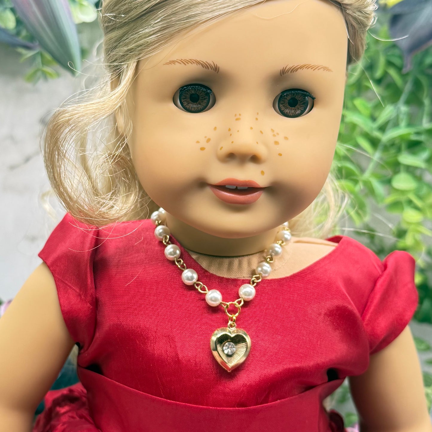 Heart Charm w/ Rhinestone Center Pearl Beaded Gold Doll Necklace • 18 Inch Fashion Doll Jewelry
