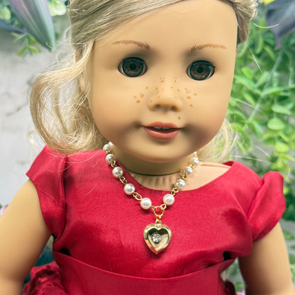 Heart Charm w/ Rhinestone Center Pearl Beaded Gold Doll Necklace • 18 Inch Fashion Doll Jewelry