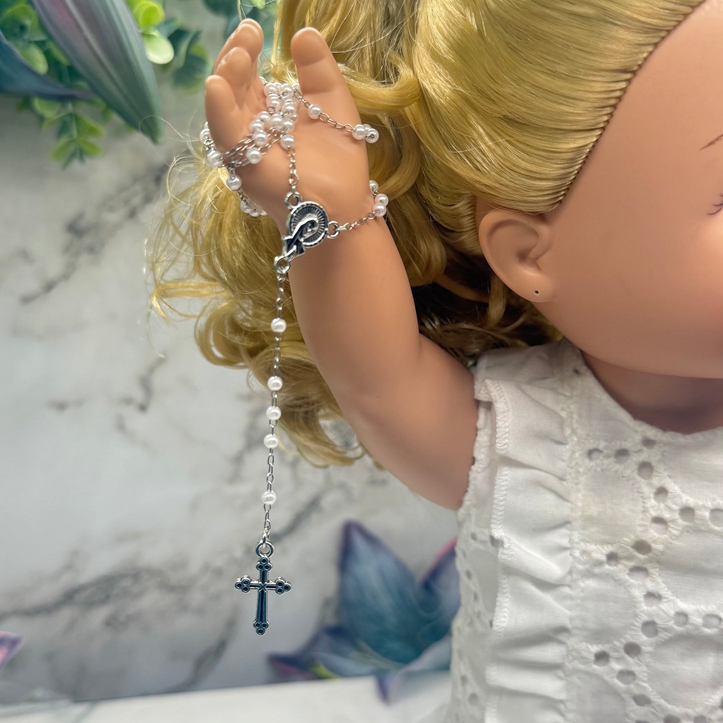 White Pearl Beaded Silver Chain & Cross • Doll Size Catholic Rosary for 18-22” Fashion or Vintage Dolls