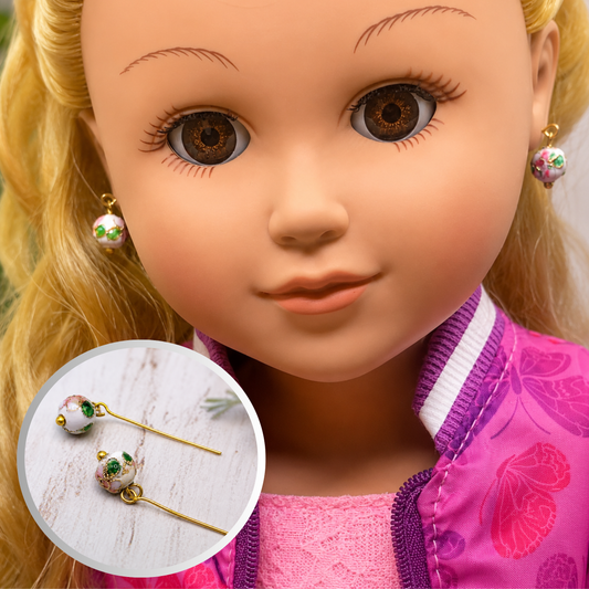 Pink White Flower Cloisonné Design Dangle Doll Earrings • 18 Inch Doll Jewelry