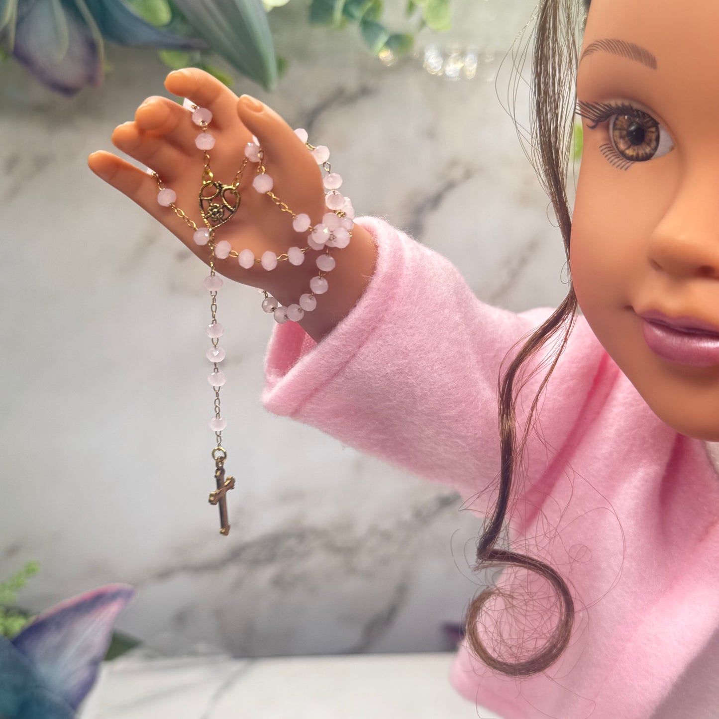 Light Pink Glass Crystal Gold Cross • Doll Size Catholic Rosary for 18-22” Fashion or Vintage Dolls