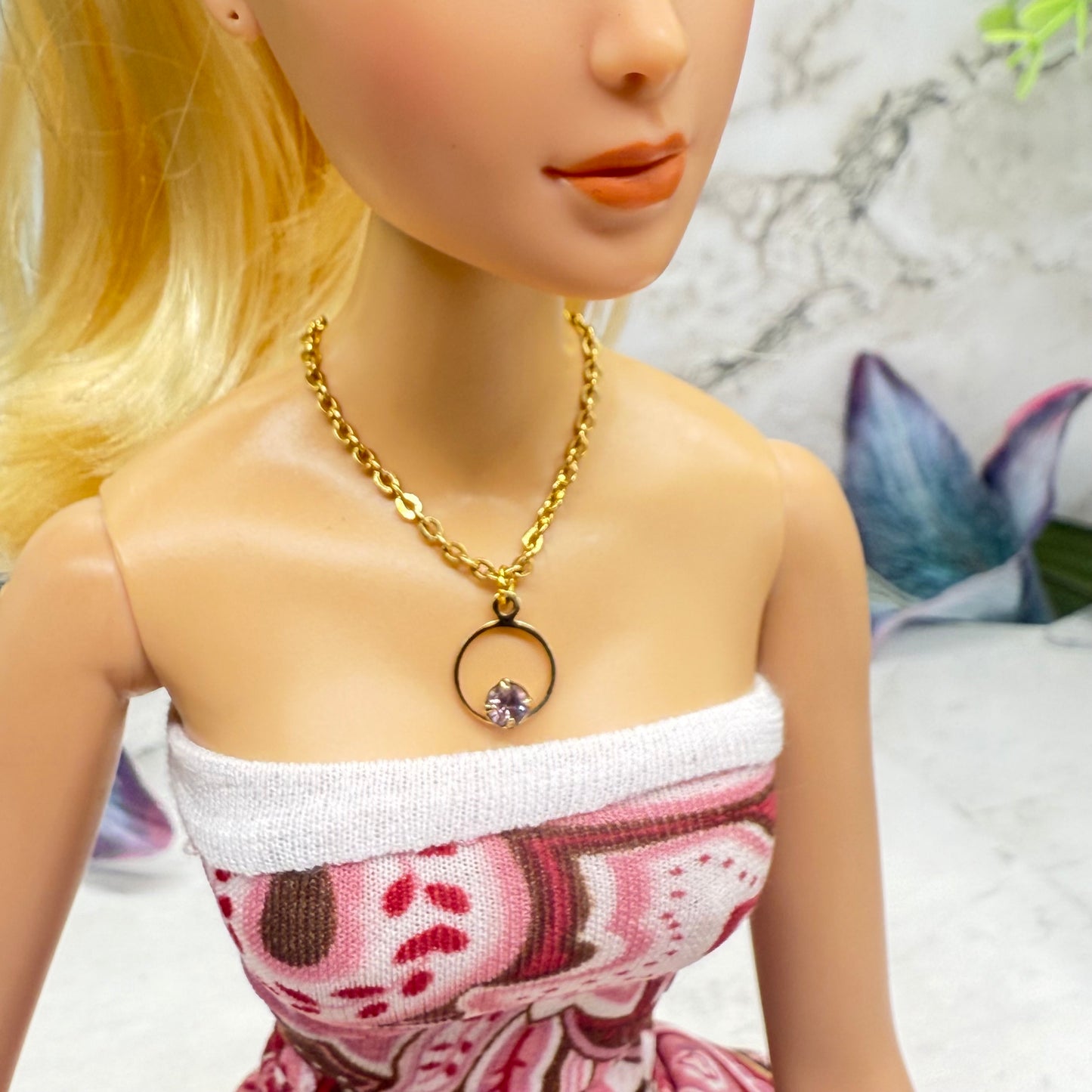 Circle Charm Purple Rhinestone Gold Chain Doll Necklace • 16 Inch Fashion Doll Jewelry