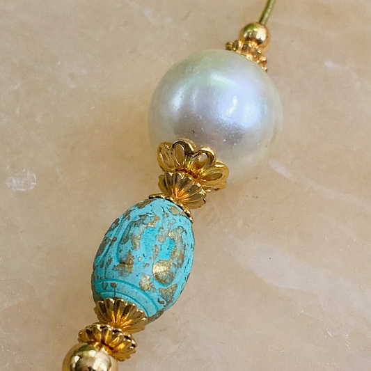 Pearl Baby Blue Vintage Look Fan Pull • Decorative Light Chandelier Pull Chain