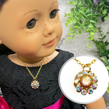 Aurora Borealis Rhinestone Flower Shape Pendant Gold Doll Necklace • 18 Inch Fashion Doll Jewelry