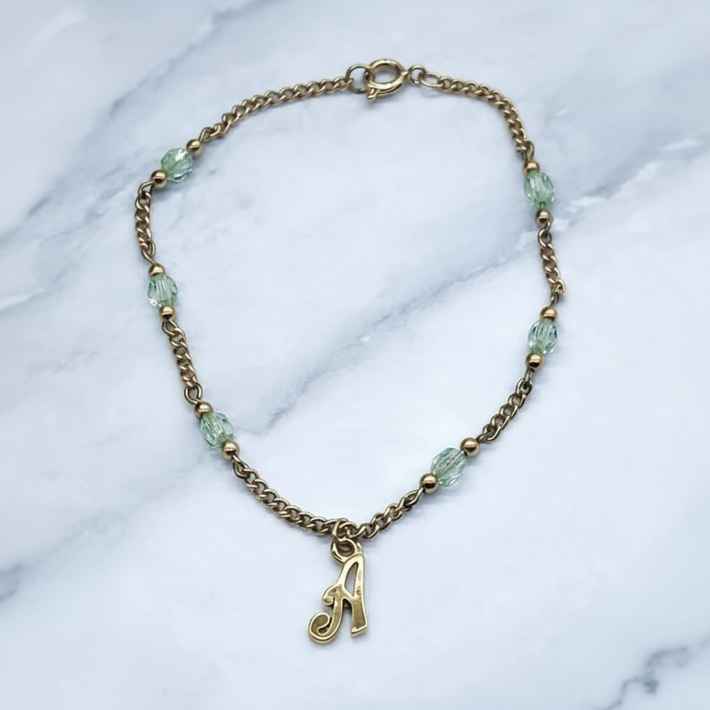 Initial Letter A Green Crystals Gold Doll Necklace • 18 inch Doll Jewelry