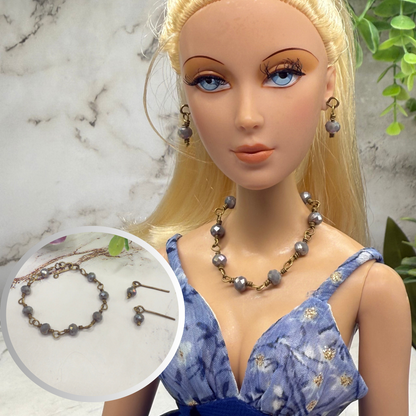 Gray Glass Crystal Beaded Doll Necklace & Earrings • 16 Inch Fashion Doll Jewelry