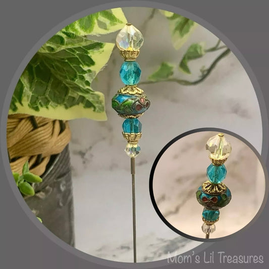 Turquoise Blue Clear Crystals Cloisonné Flower Design - 8” • Hatpin - Stick Pin