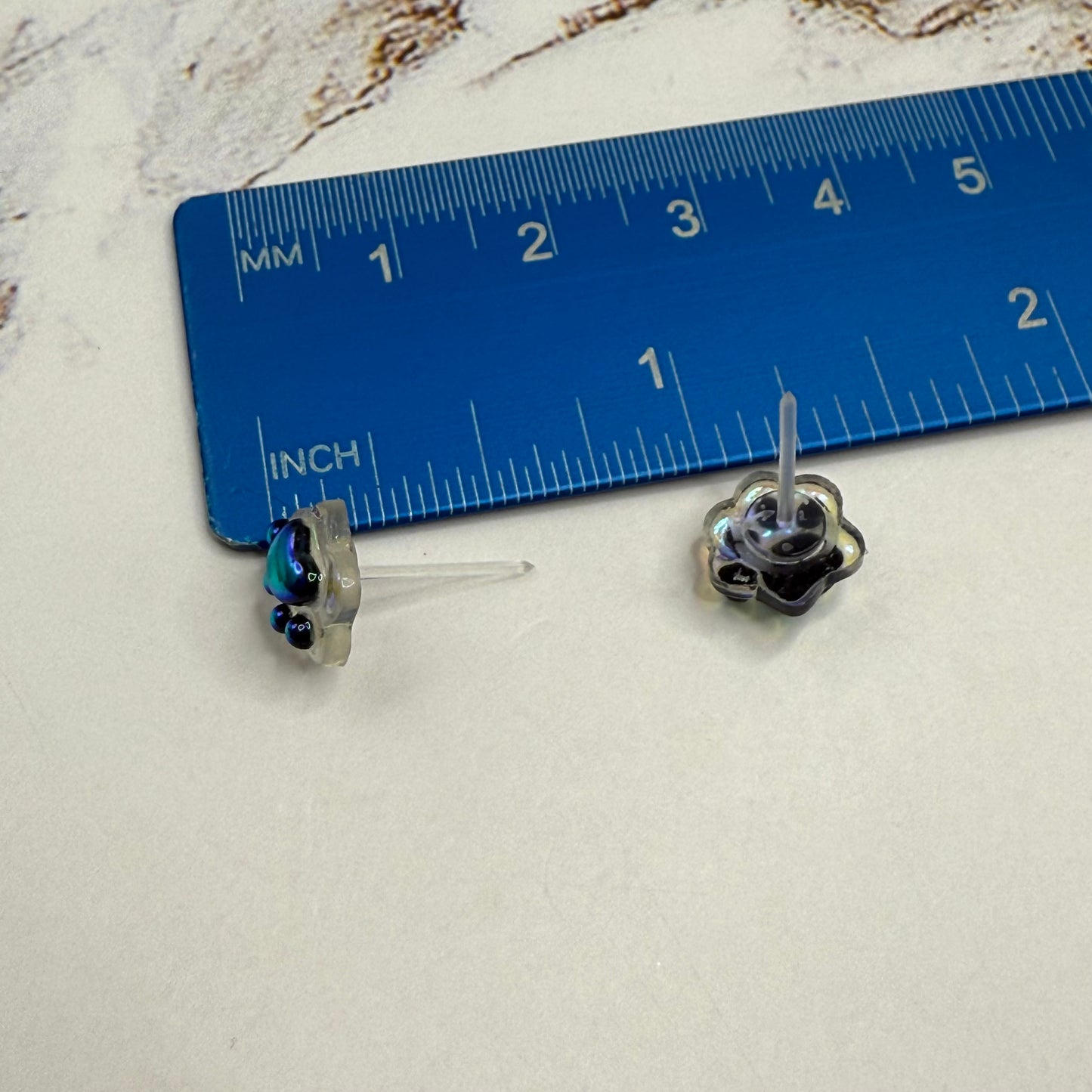 Dark Blue Iridescent Acrylic Paw Print Doll Earrings • 18 Inch Fashion Doll Jewelry
