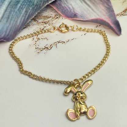 Gold Floppy Ear Bunny Light Pink Enamel Accent Charm Doll Necklace • 18 Inch Fashion Doll Jewelry
