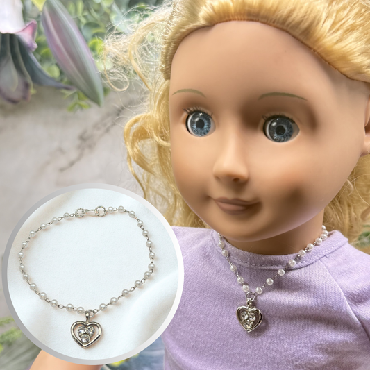 Silver Rhinestone Accented Heart Charm Pearl Beaded Chain Doll Necklace • 18 Inch Fashion Doll Jewelry