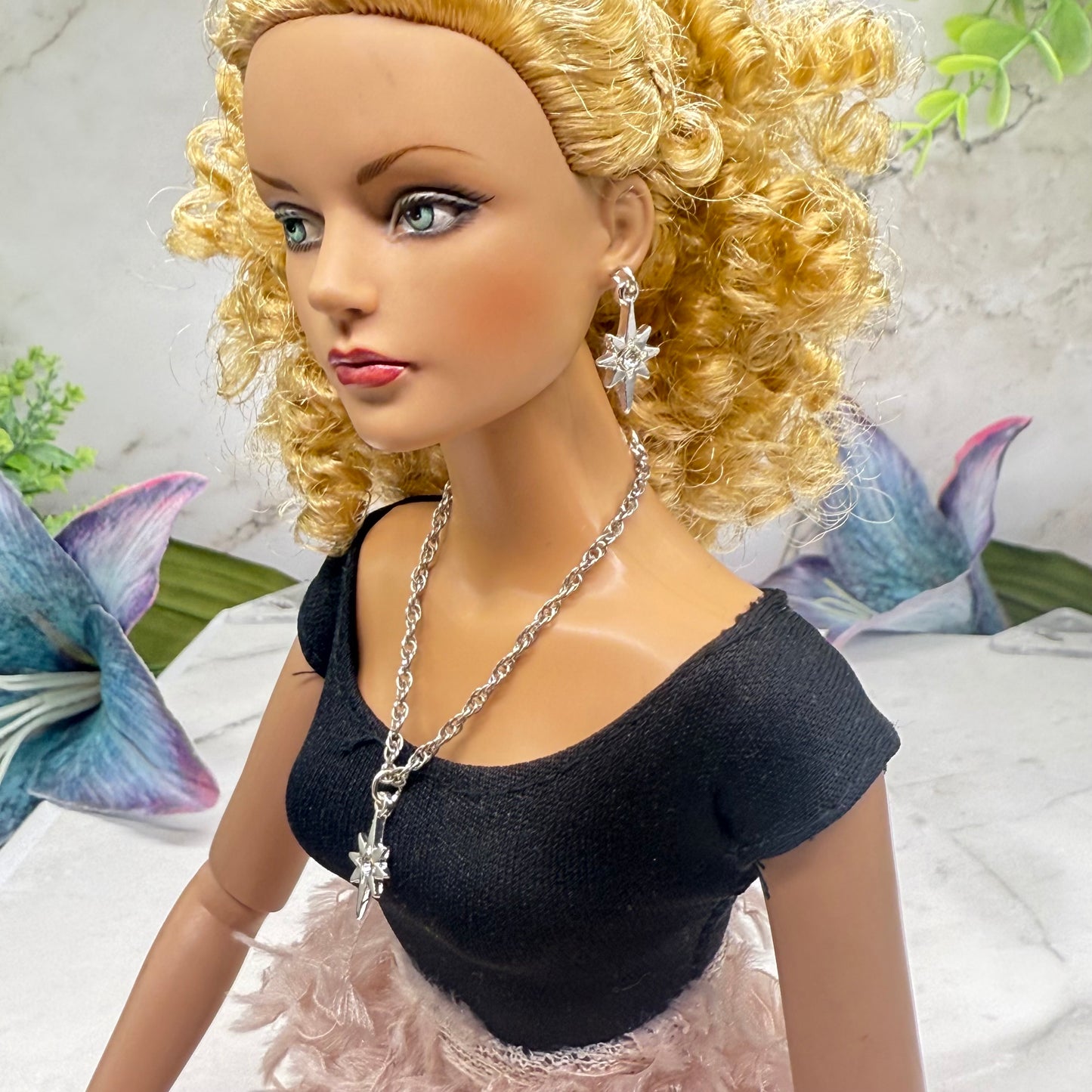 Silver Starburst Pendant Doll Necklace & Earrings • 16 Inch Fashion Doll Jewelry