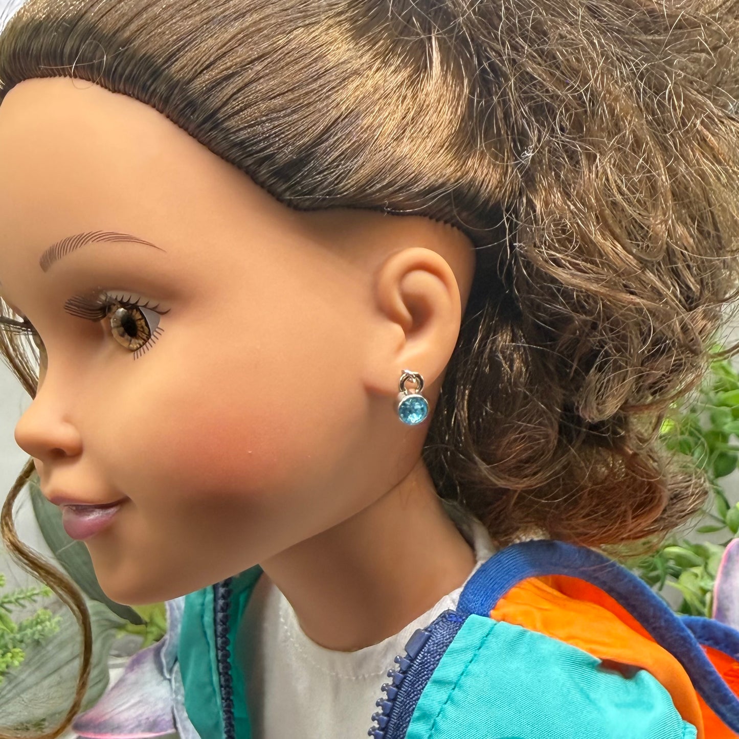 Round Turquoise Blue Rhinestone Silver Doll Earrings • 18 Inch Fashion Doll Jewelry