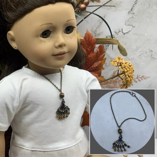 Bronze Fan Design Brown Bead Dangle Pendant Doll Necklace • 18 inch Doll Jewelry