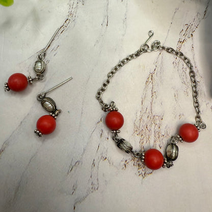 Candy Apple Red Pearl & Silver Doll Necklace & Earrings Set • 18 Inch Doll Jewelry