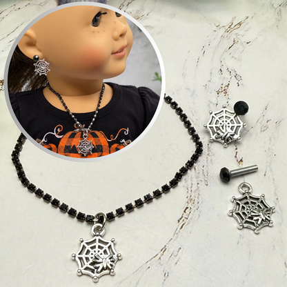 Silver Spider Web Charm Black Rhinestone Doll Necklace & 2mm Post Earrings | for 18 Inch Dolls • American Girl