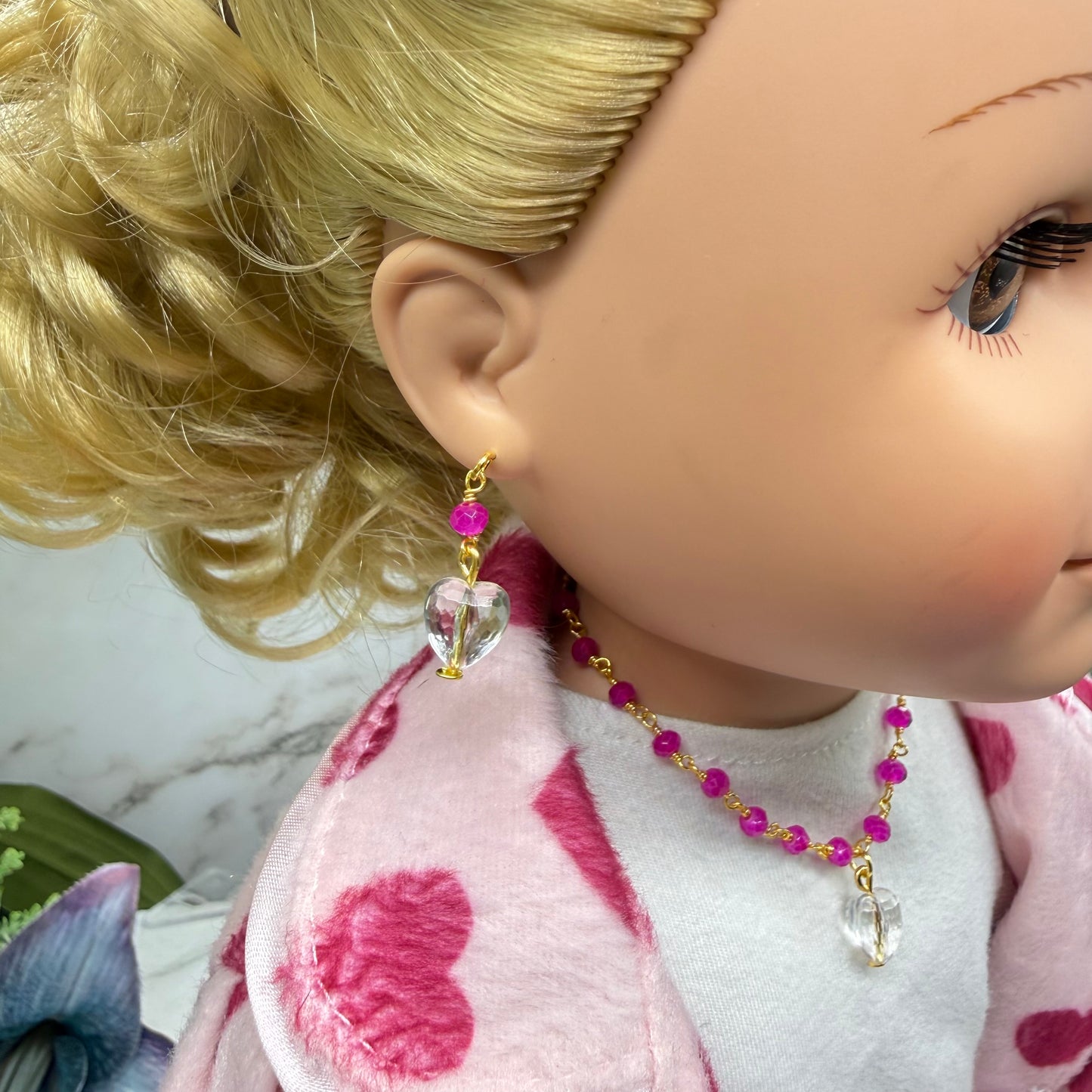 Fuchsia Pink Glass Crystal Bead Chain Clear Heart Charm Doll Necklace & Earrings • 18 Inch Fashion Doll Jewelry