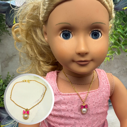 Pink Bow Pearl Charm Pendant Gold Doll Necklace • 18 Inch Fashion Doll Jewelry
